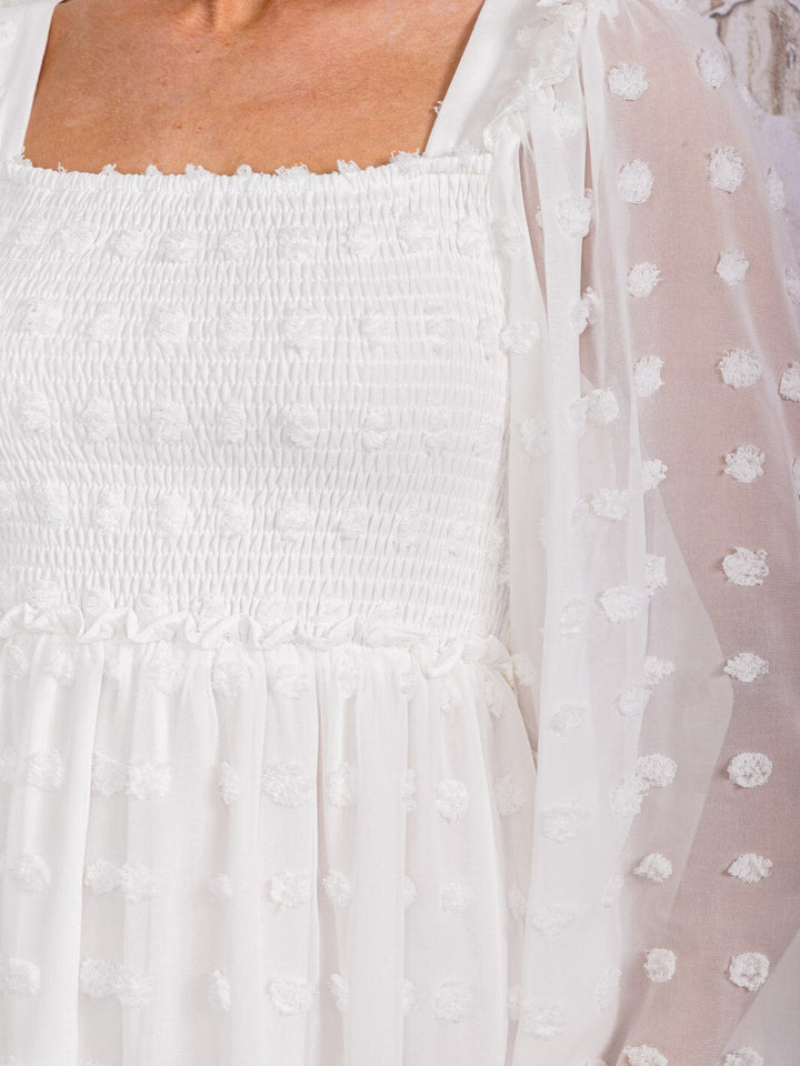 WOMEN'S LONG SLEEVE SQUARE NECK TIERED SWISS DETAILED MINI DRESS