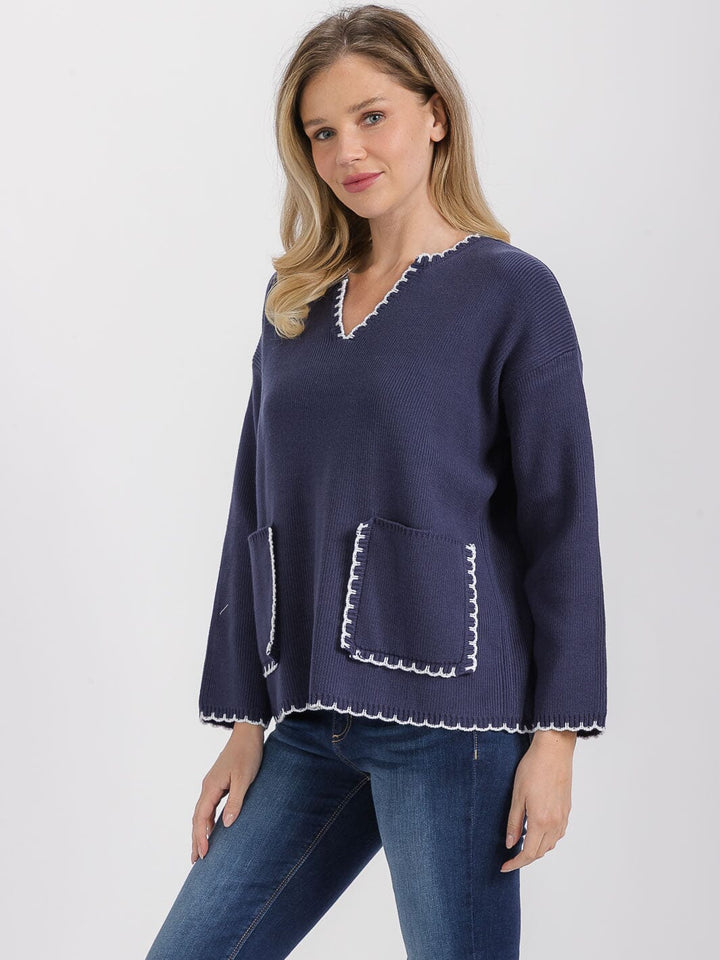 WOMEN'S LONG SLEEVE FRONT POCKETS V-NECK PULLOVER SWEATER