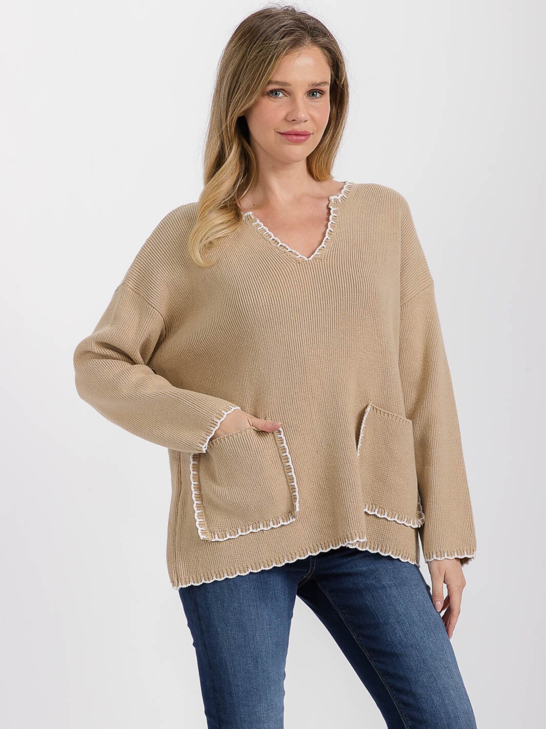 WOMEN'S LONG SLEEVE FRONT POCKETS V-NECK PULLOVER SWEATER