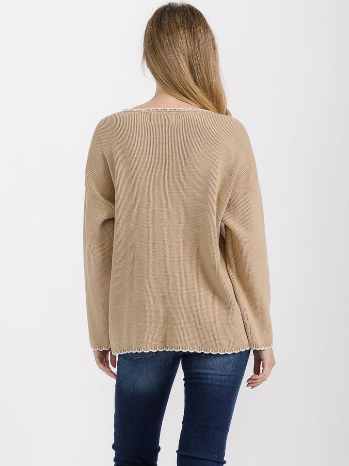 WOMEN'S LONG SLEEVE FRONT POCKETS V-NECK PULLOVER SWEATER