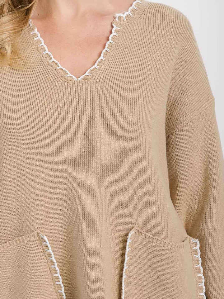WOMEN'S LONG SLEEVE FRONT POCKETS V-NECK PULLOVER SWEATER