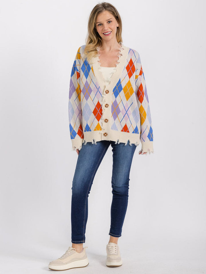 WOMEN'S LONG SLEEVE BUTTON CLOSURE RAW TRIM MULTI CARDIGAN