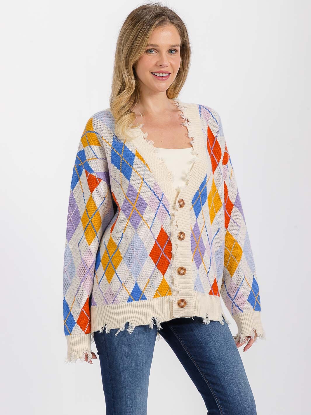 WOMEN'S LONG SLEEVE BUTTON CLOSURE RAW TRIM MULTI CARDIGAN