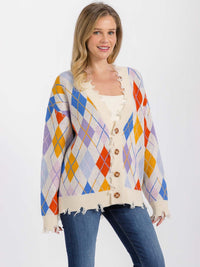 WOMEN'S LONG SLEEVE BUTTON CLOSURE RAW TRIM MULTI CARDIGAN