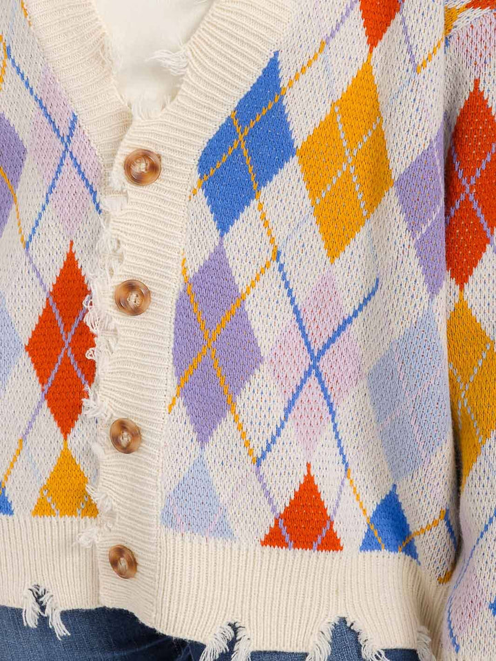 WOMEN'S LONG SLEEVE BUTTON CLOSURE RAW TRIM MULTI CARDIGAN