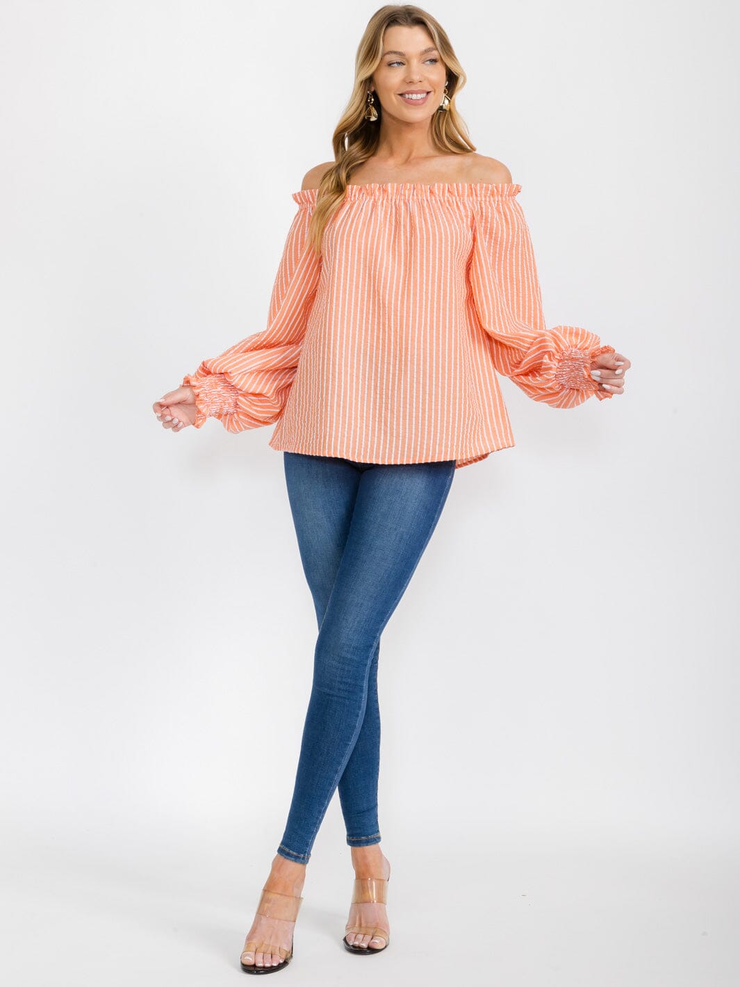 WOMEN'S OFF SHOULDER LONG SLEEVE STRIPES COLORBLOCK BLOUSE