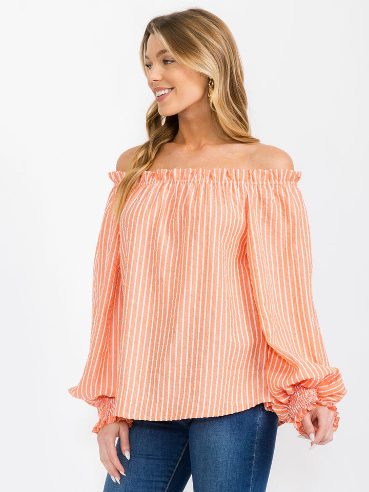 WOMEN'S OFF SHOULDER LONG SLEEVE STRIPES COLORBLOCK BLOUSE