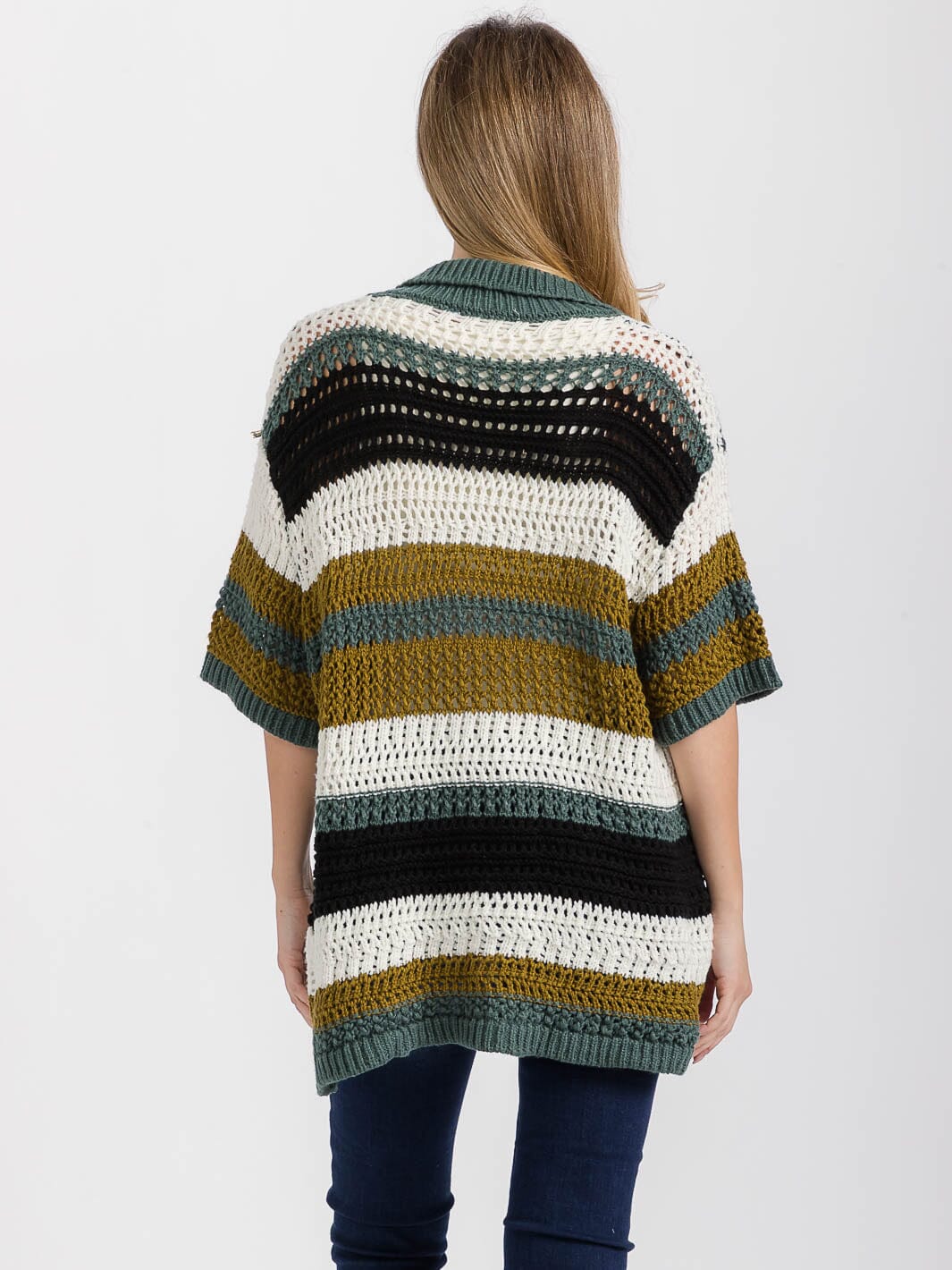 WOMEN'S SHORT SLEEVE BUTTON CLOSURE COLLAR COLORBLOCK OVERSIZED KNIT CARDIGAN