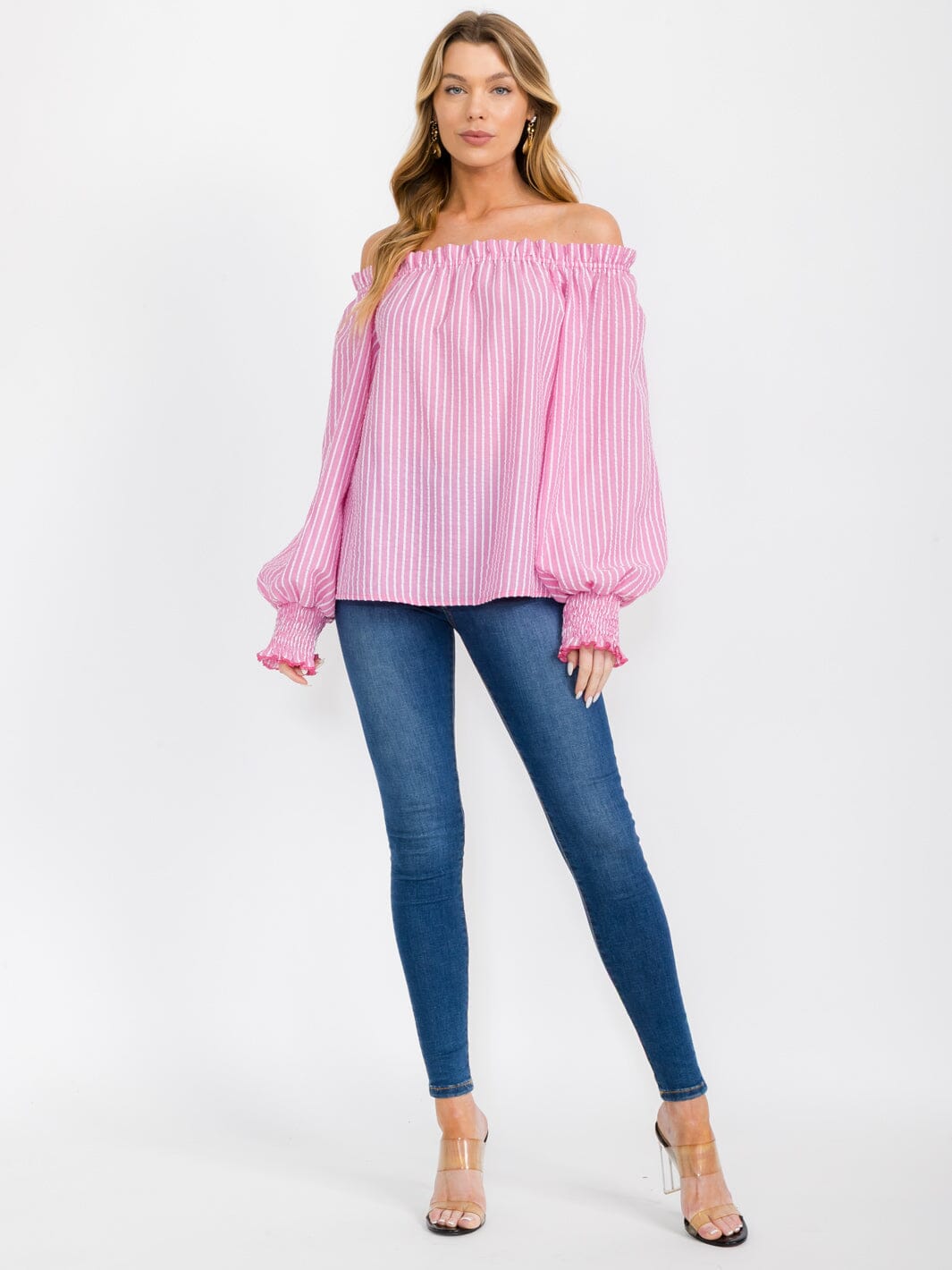 WOMEN'S OFF SHOULDER LONG SLEEVE STRIPES COLORBLOCK BLOUSE