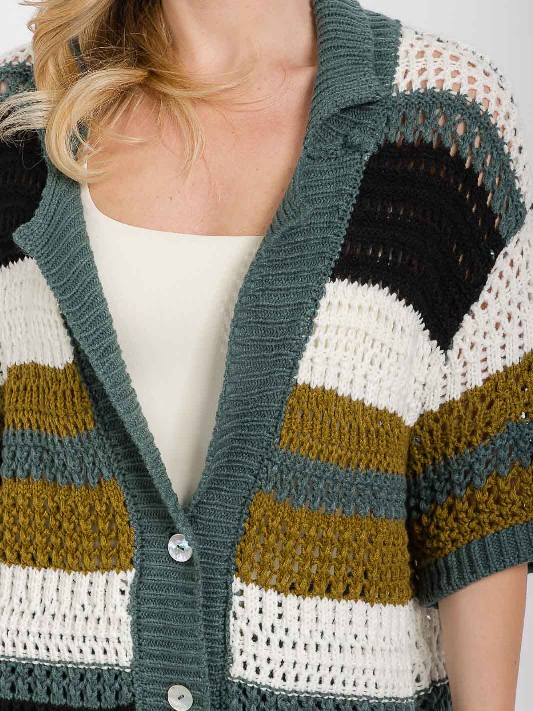 WOMEN'S SHORT SLEEVE BUTTON CLOSURE COLLAR COLORBLOCK OVERSIZED KNIT CARDIGAN
