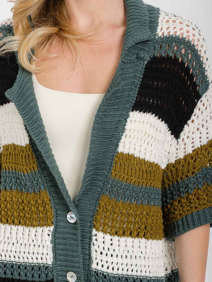 WOMEN'S SHORT SLEEVE BUTTON CLOSURE COLLAR COLORBLOCK OVERSIZED KNIT CARDIGAN