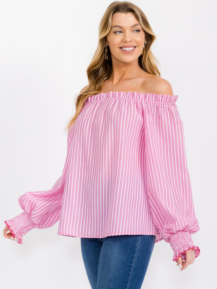 WOMEN'S OFF SHOULDER LONG SLEEVE STRIPES COLORBLOCK BLOUSE