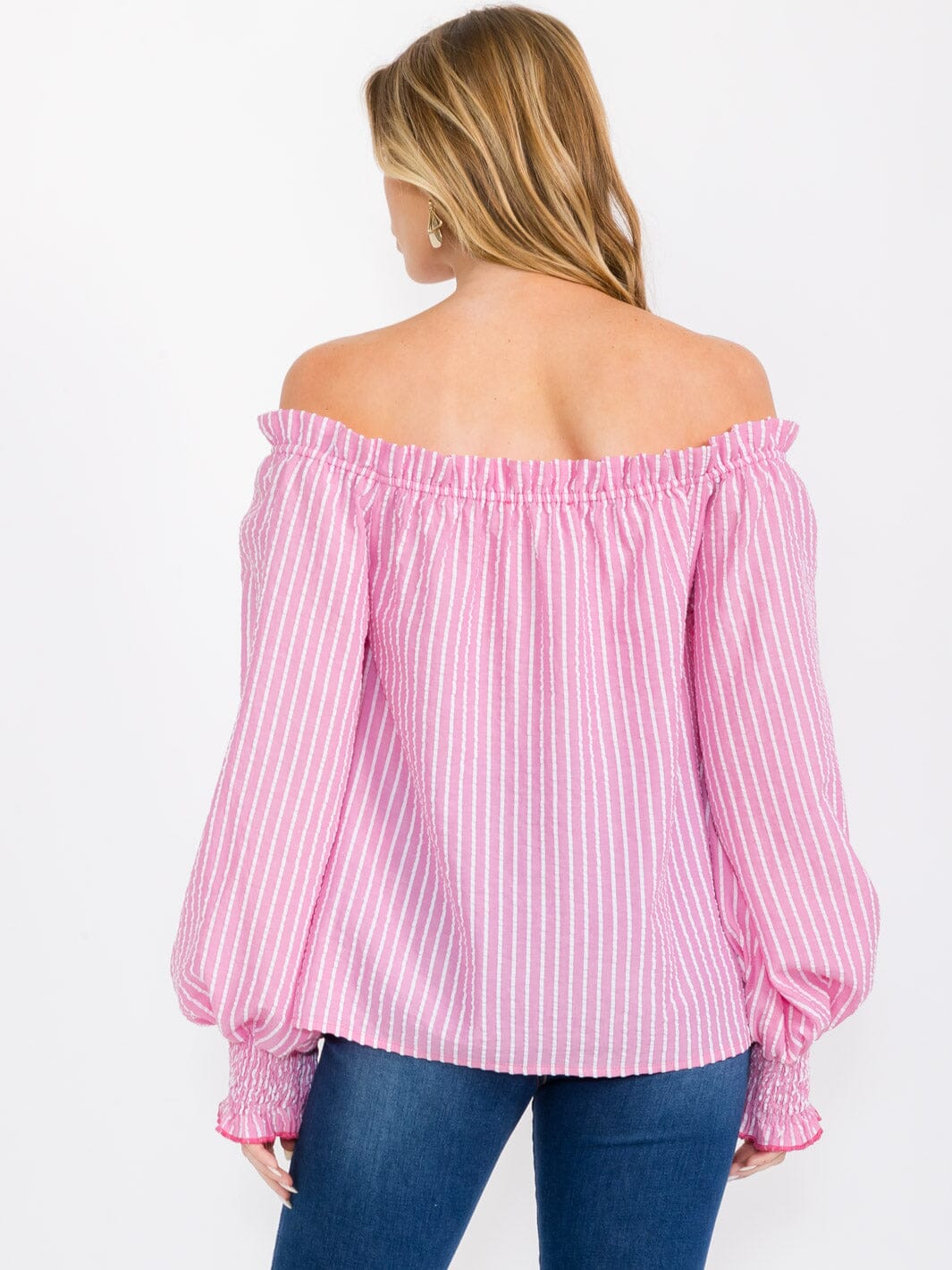 WOMEN'S OFF SHOULDER LONG SLEEVE STRIPES COLORBLOCK BLOUSE