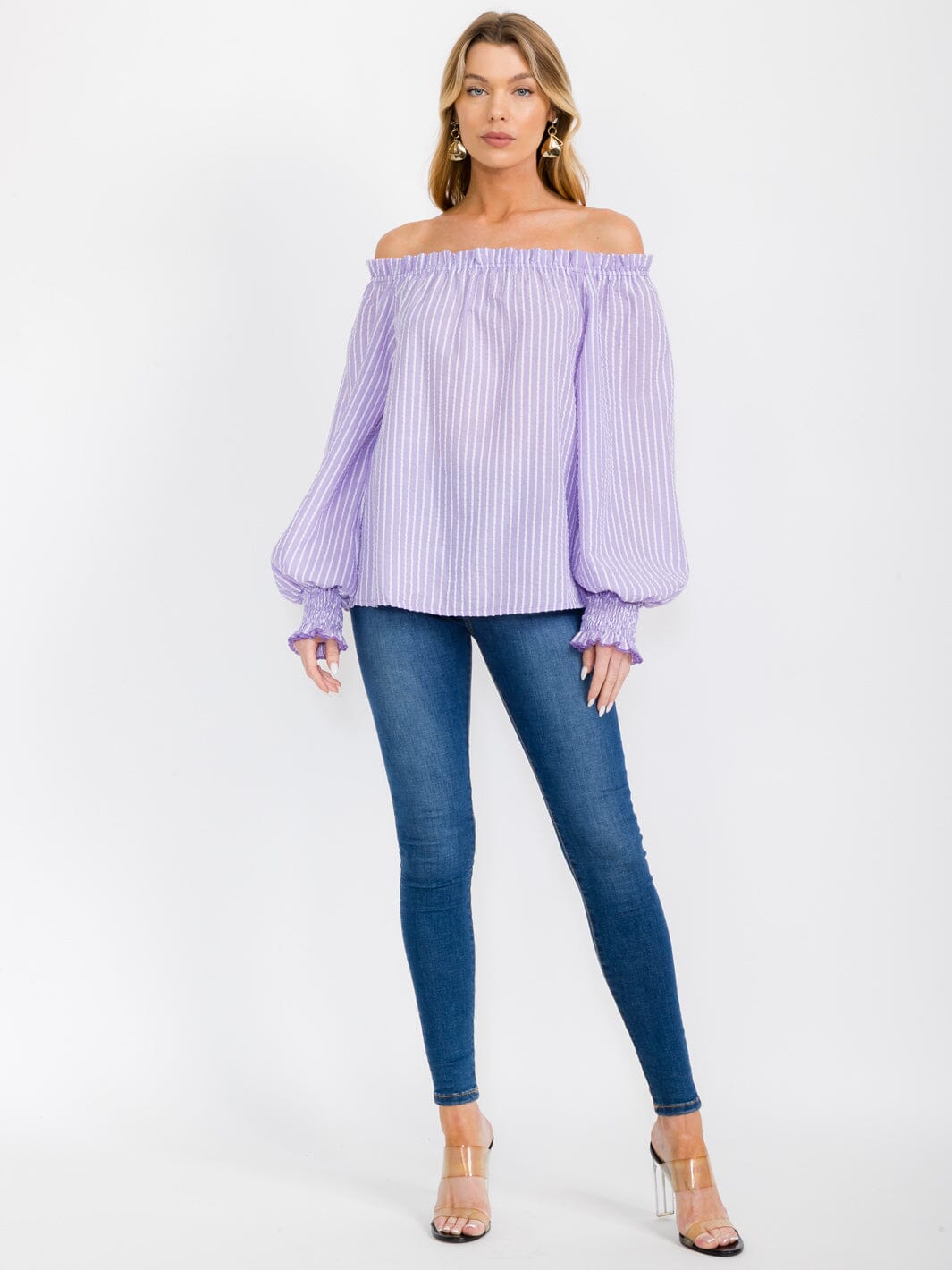 WOMEN'S OFF SHOULDER LONG SLEEVE STRIPES COLORBLOCK BLOUSE