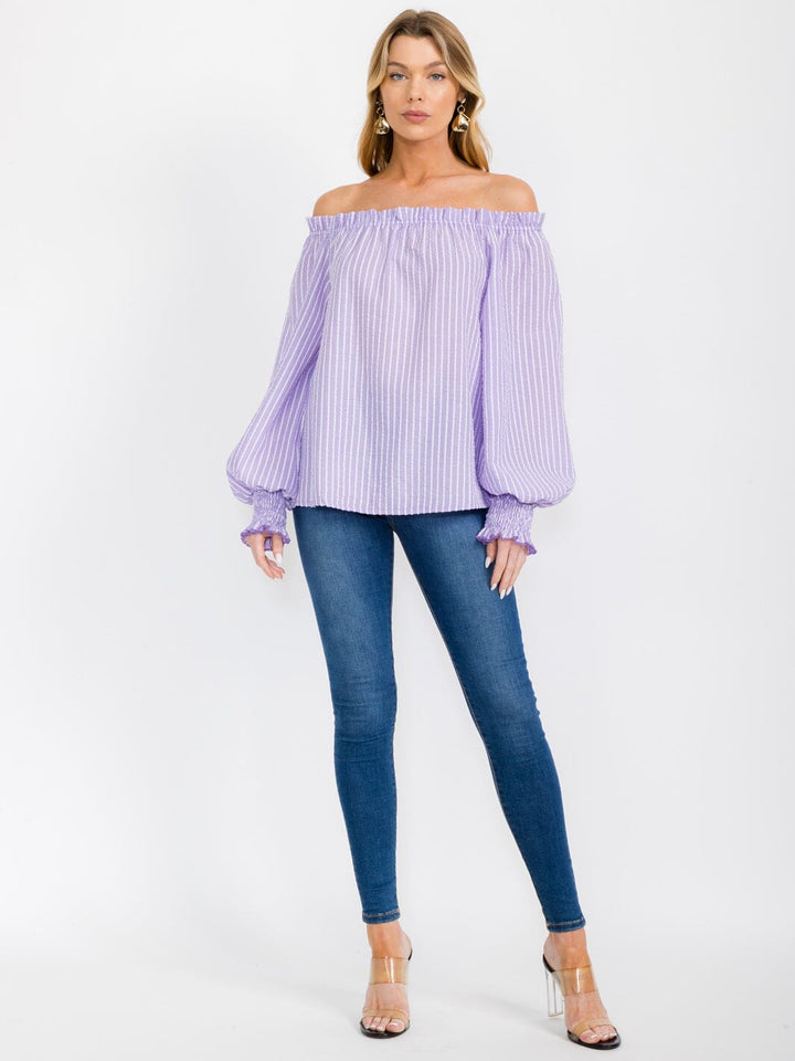 WOMEN'S OFF SHOULDER LONG SLEEVE STRIPES COLORBLOCK BLOUSE