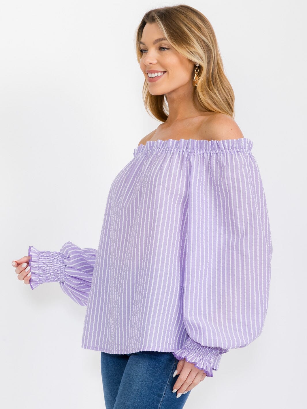 WOMEN'S OFF SHOULDER LONG SLEEVE STRIPES COLORBLOCK BLOUSE