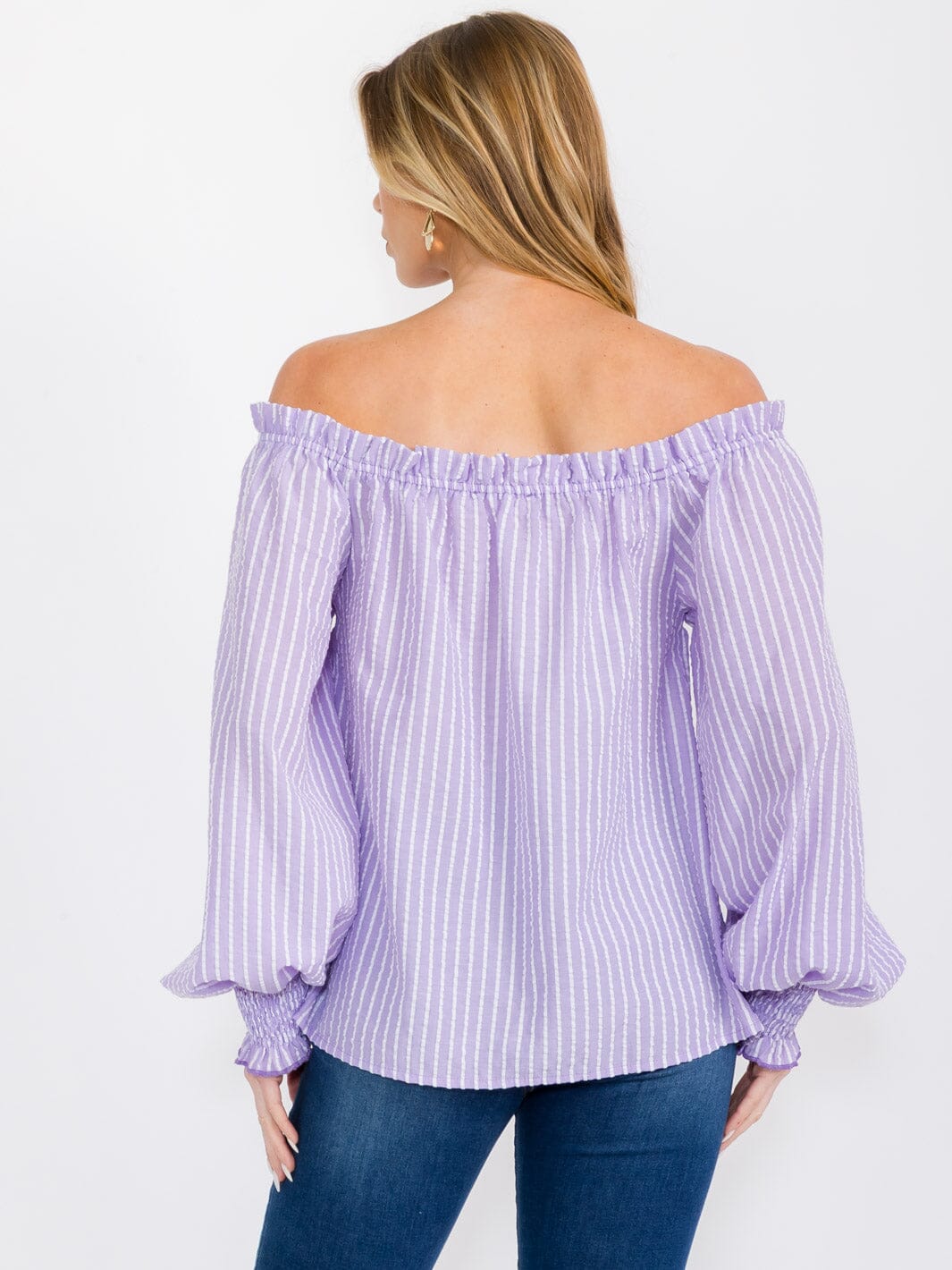 WOMEN'S OFF SHOULDER LONG SLEEVE STRIPES COLORBLOCK BLOUSE