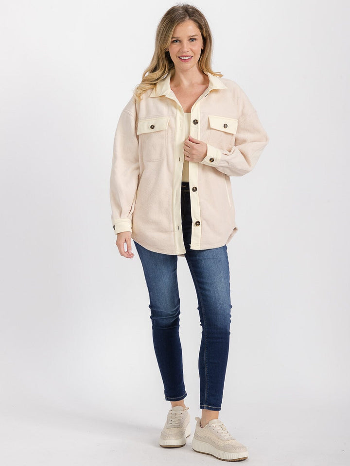 WOMEN'S LONG SLEEVE BUTTON CLOSURE FRONT POCKETS SHACKET