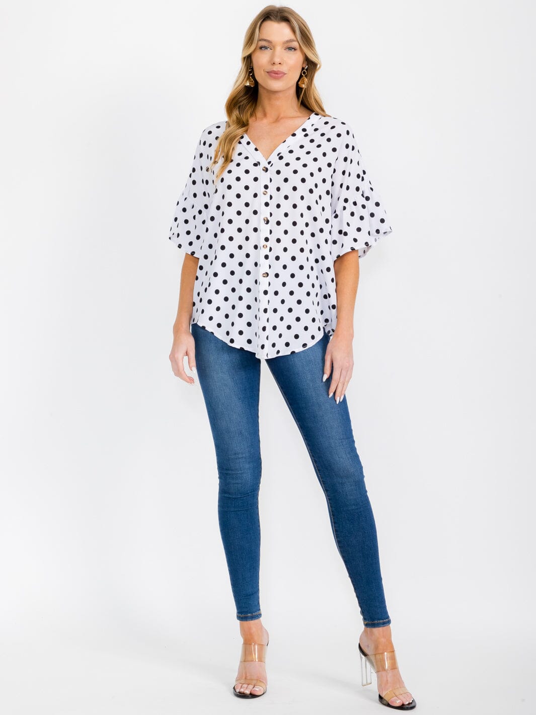 WOMEN'S SHORT RUFFLE SLEEVES BUTTON CLOSURE POLKA DOTS BLOUSE