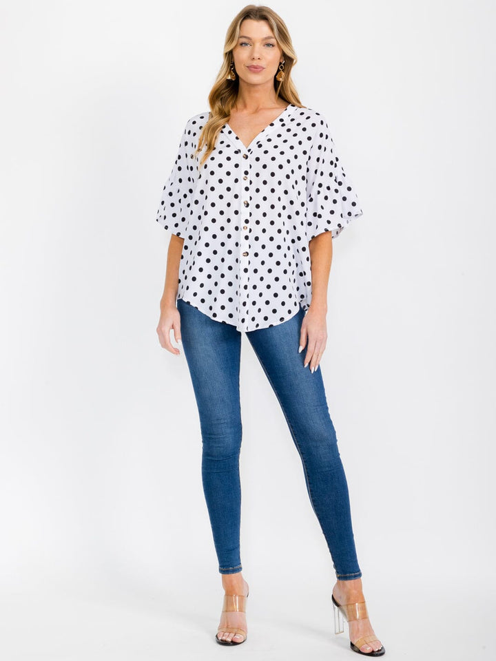 WOMEN'S SHORT RUFFLE SLEEVES BUTTON CLOSURE POLKA DOTS BLOUSE
