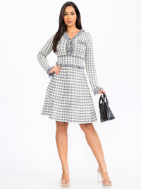 WOMEN'S LONG SLEEVE BUTTON UP FIT & FLARE MULTI MINI DRESS