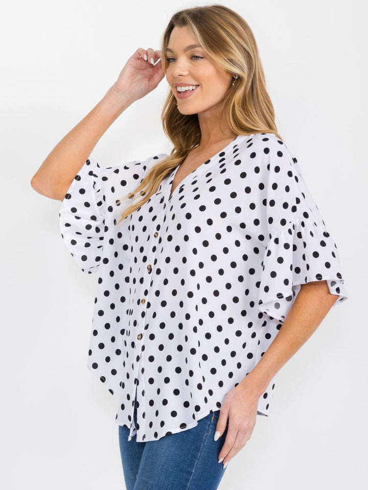 WOMEN'S SHORT RUFFLE SLEEVES BUTTON CLOSURE POLKA DOTS BLOUSE