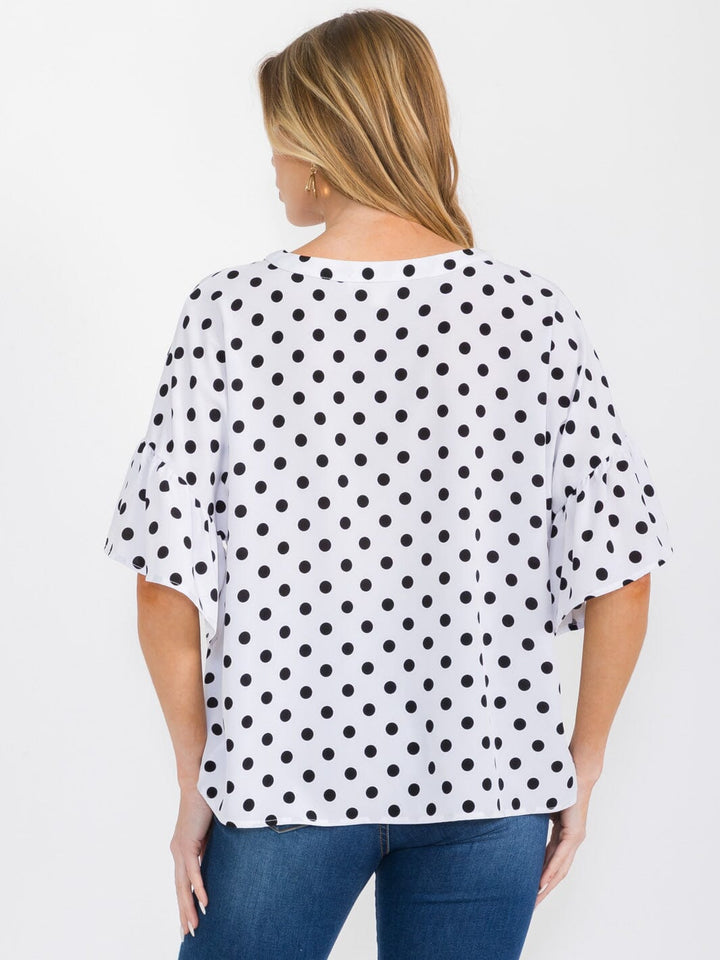 WOMEN'S SHORT RUFFLE SLEEVES BUTTON CLOSURE POLKA DOTS BLOUSE