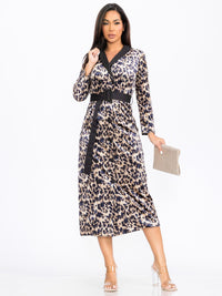 WOMEN'S LONG SLEEVE SURPLICE BUTTON CLOSURE AIMAL PRINT MAXI DRESS
