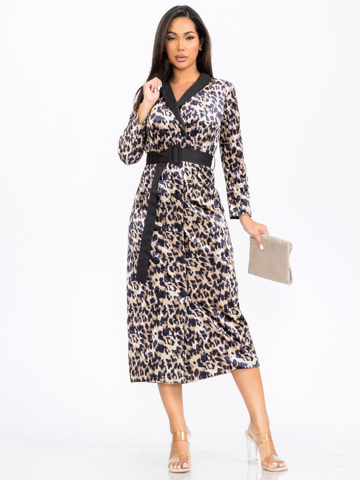 WOMEN'S LONG SLEEVE SURPLICE BUTTON CLOSURE AIMAL PRINT MAXI DRESS