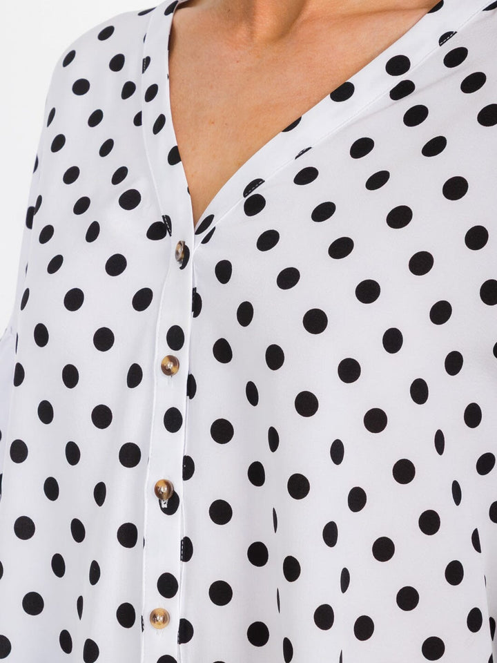 WOMEN'S SHORT RUFFLE SLEEVES BUTTON CLOSURE POLKA DOTS BLOUSE