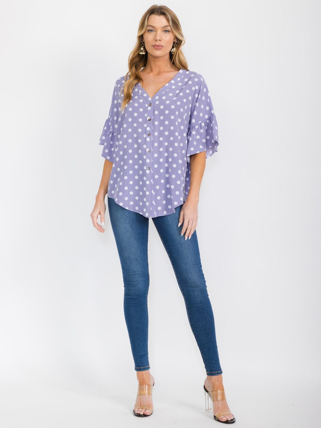 WOMEN'S SHORT RUFFLE SLEEVES BUTTON CLOSURE POLKA DOTS BLOUSE