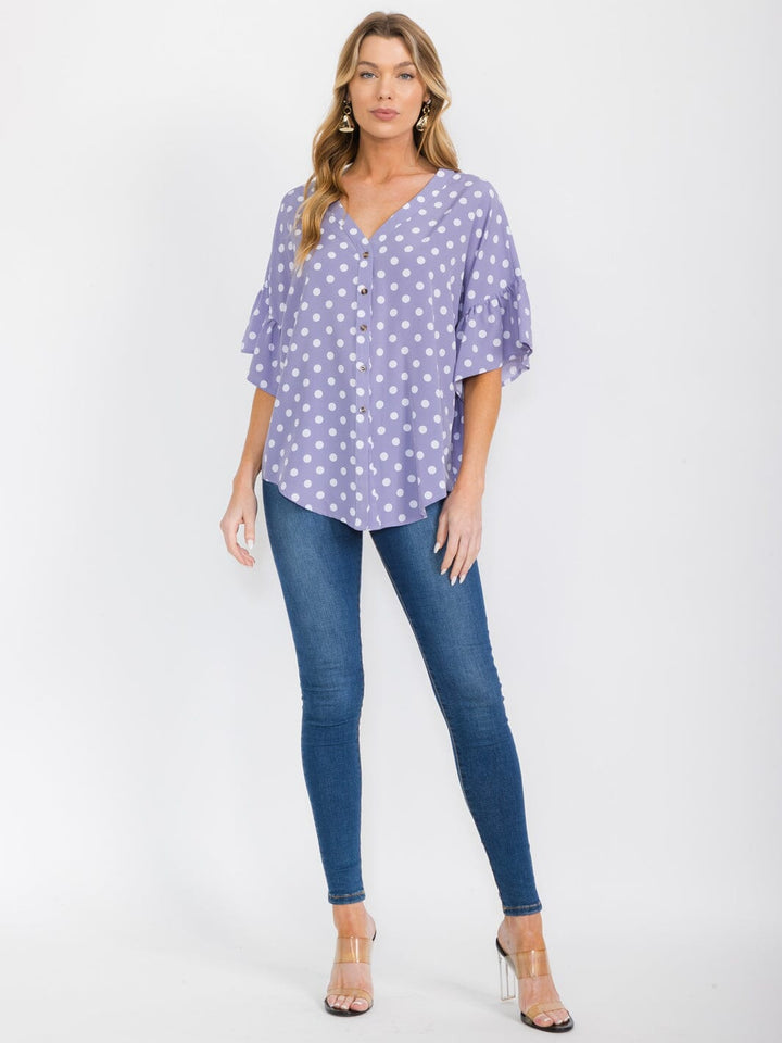 WOMEN'S SHORT RUFFLE SLEEVES BUTTON CLOSURE POLKA DOTS BLOUSE
