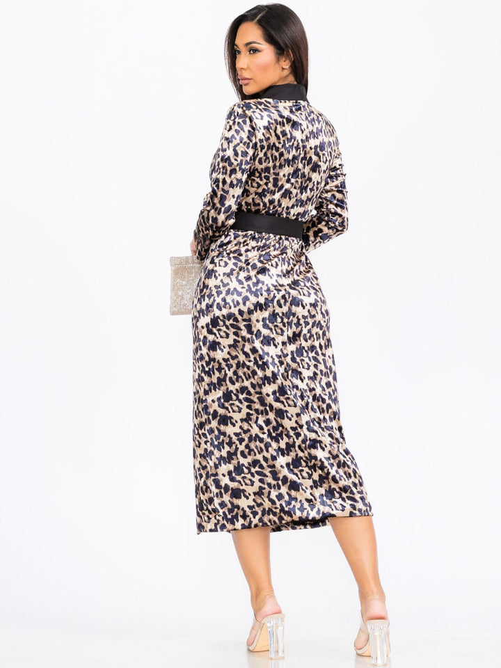 WOMEN'S LONG SLEEVE SURPLICE BUTTON CLOSURE AIMAL PRINT MAXI DRESS