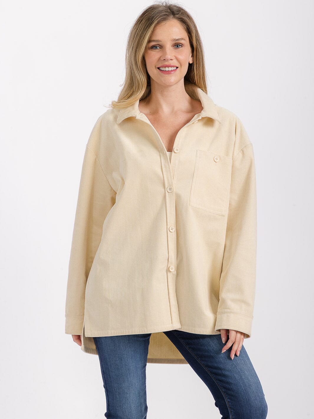 WOMEN'S LONG SLEEVE BUTTON CLOSURE FRONT POCKET HIGH-LOW CORDUROY SHACKET