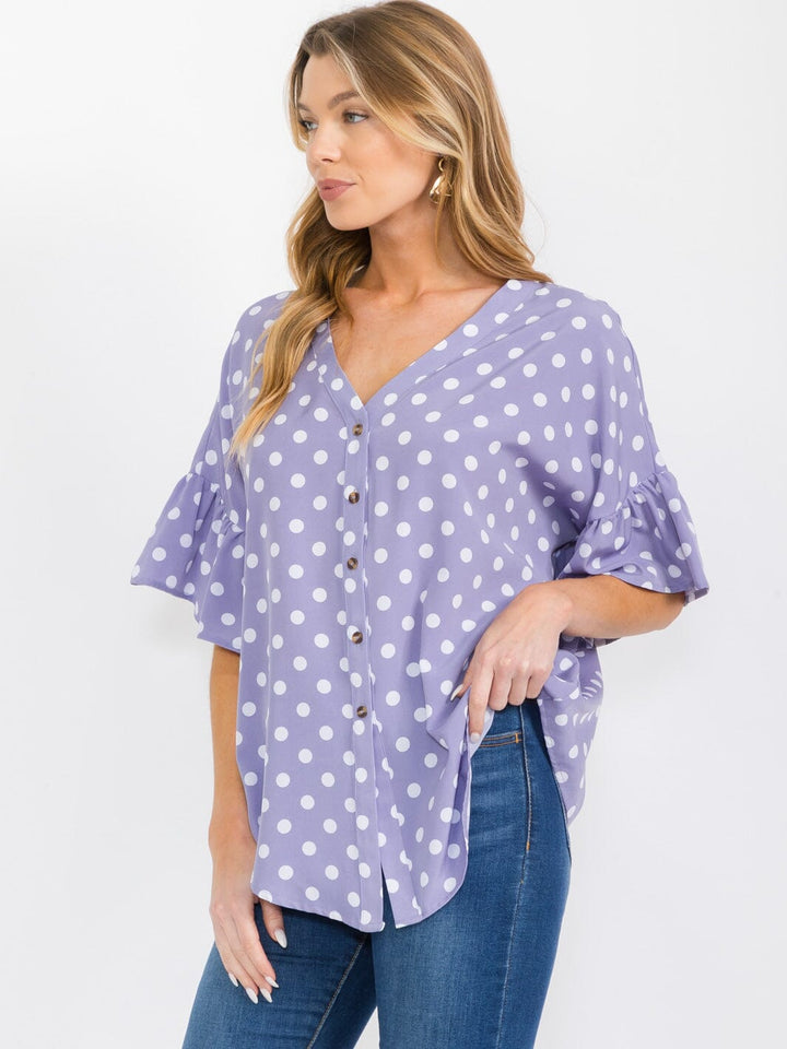 WOMEN'S SHORT RUFFLE SLEEVES BUTTON CLOSURE POLKA DOTS BLOUSE