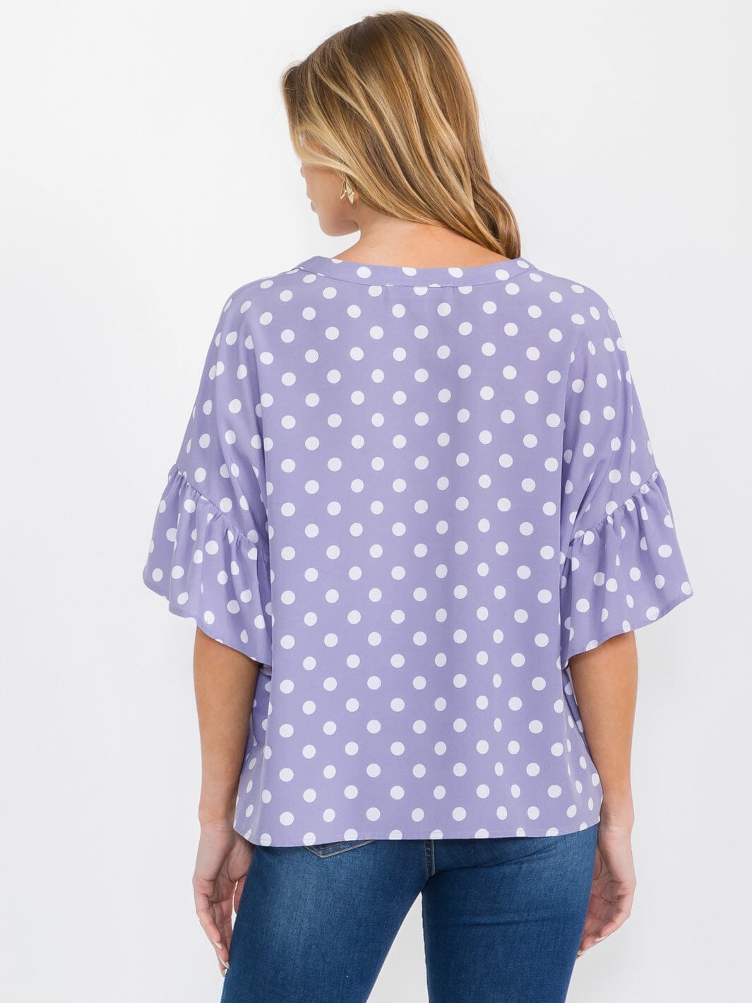 WOMEN'S SHORT RUFFLE SLEEVES BUTTON CLOSURE POLKA DOTS BLOUSE
