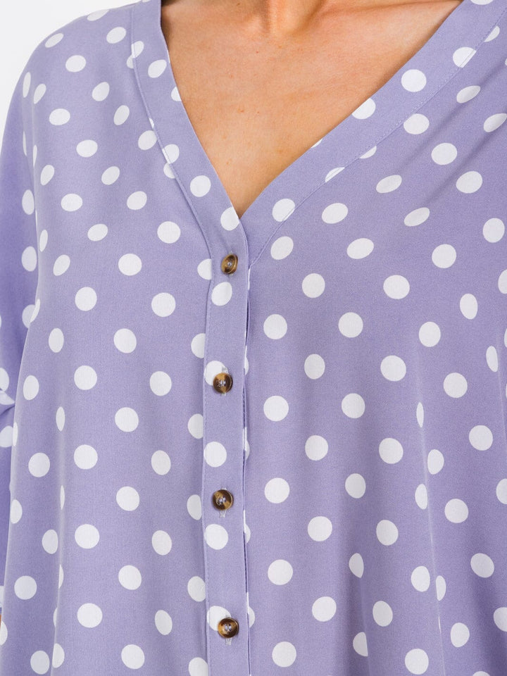 WOMEN'S SHORT RUFFLE SLEEVES BUTTON CLOSURE POLKA DOTS BLOUSE