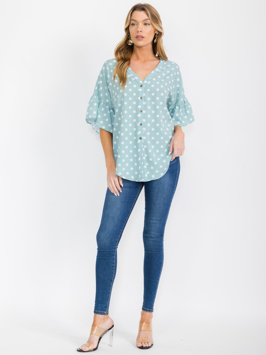 WOMEN'S SHORT RUFFLE SLEEVES BUTTON CLOSURE POLKA DOTS BLOUSE