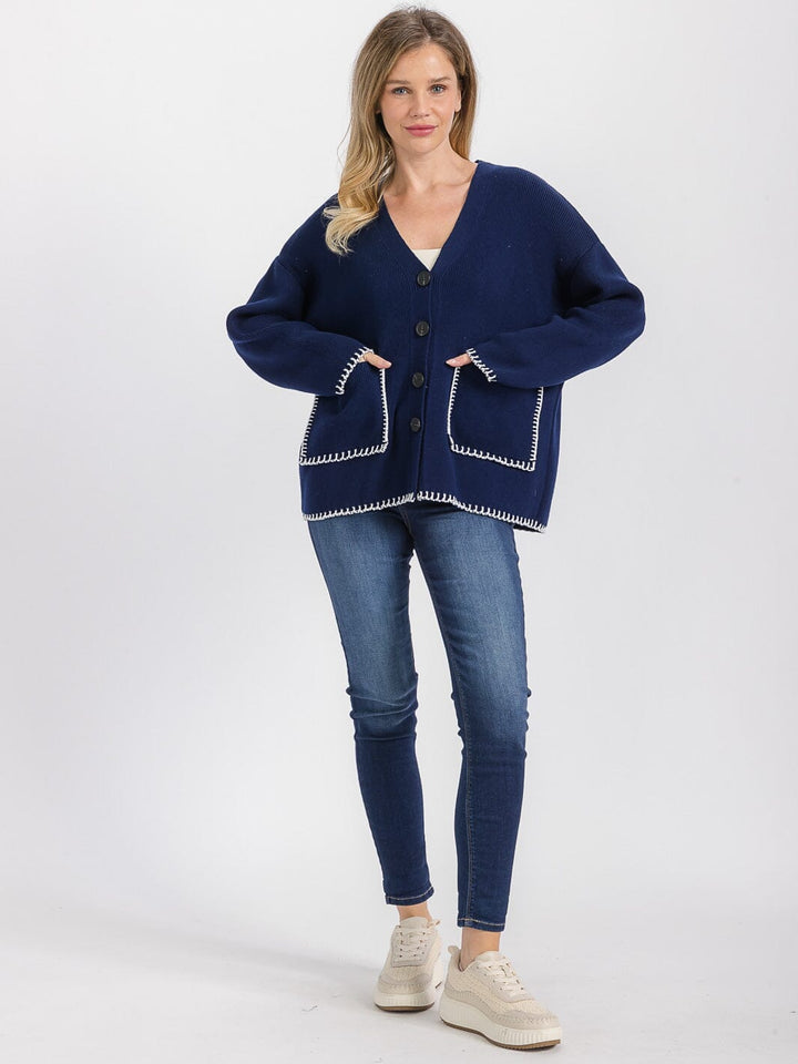 WOMEN'S LONG SLEEVE FRONT POCKETS BUTTON CLOSURE TRIM DETAILED CARDIGAN