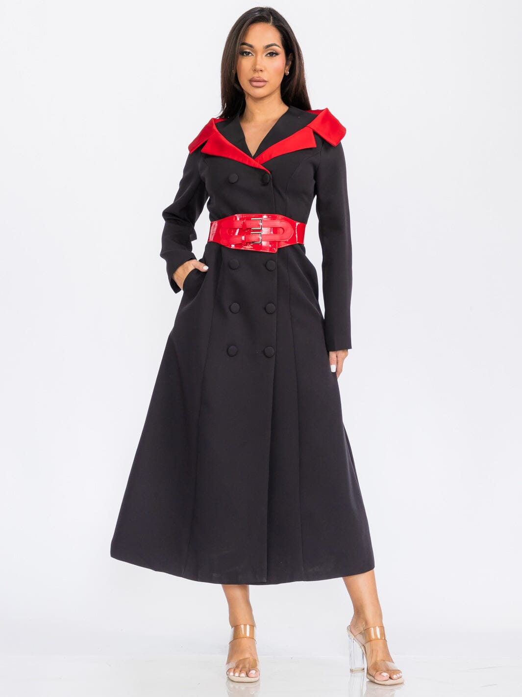 WOMEN'S LONG SLEEVE BUTTON CLOSURE FRONT POCKETS BELTED WRAP MAXI DRESS