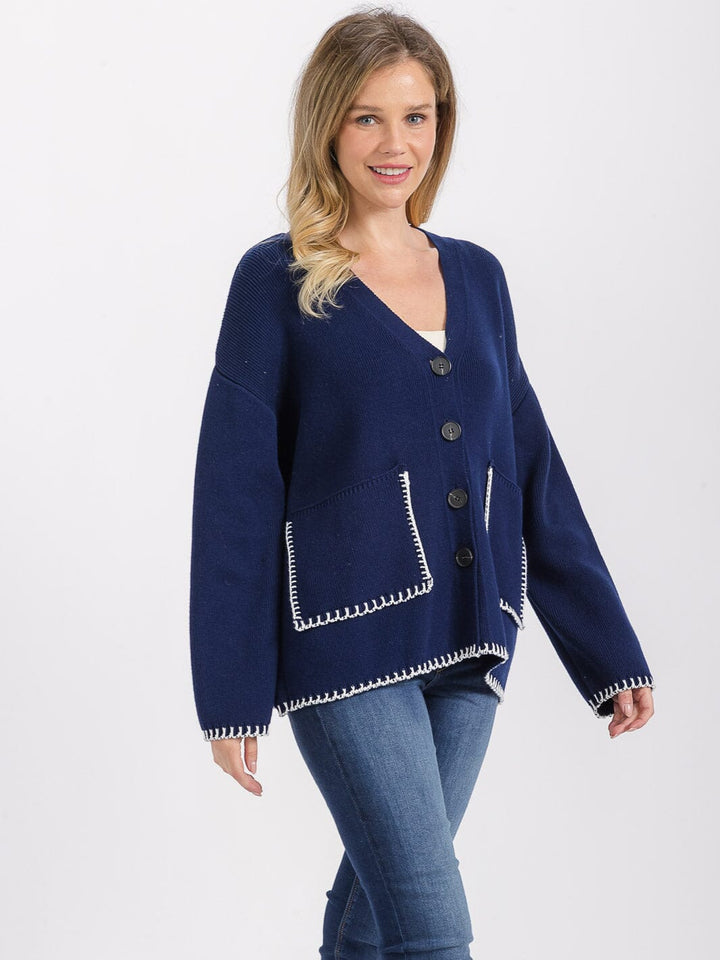 WOMEN'S LONG SLEEVE FRONT POCKETS BUTTON CLOSURE TRIM DETAILED CARDIGAN