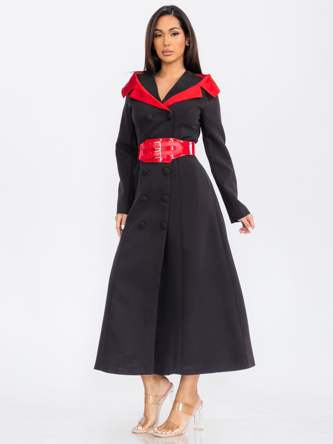 WOMEN'S LONG SLEEVE BUTTON CLOSURE FRONT POCKETS BELTED WRAP MAXI DRESS