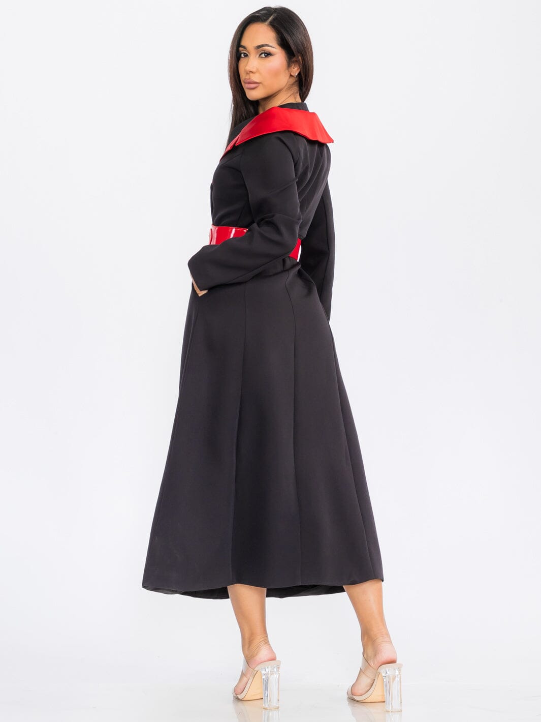 WOMEN'S LONG SLEEVE BUTTON CLOSURE FRONT POCKETS BELTED WRAP MAXI DRESS