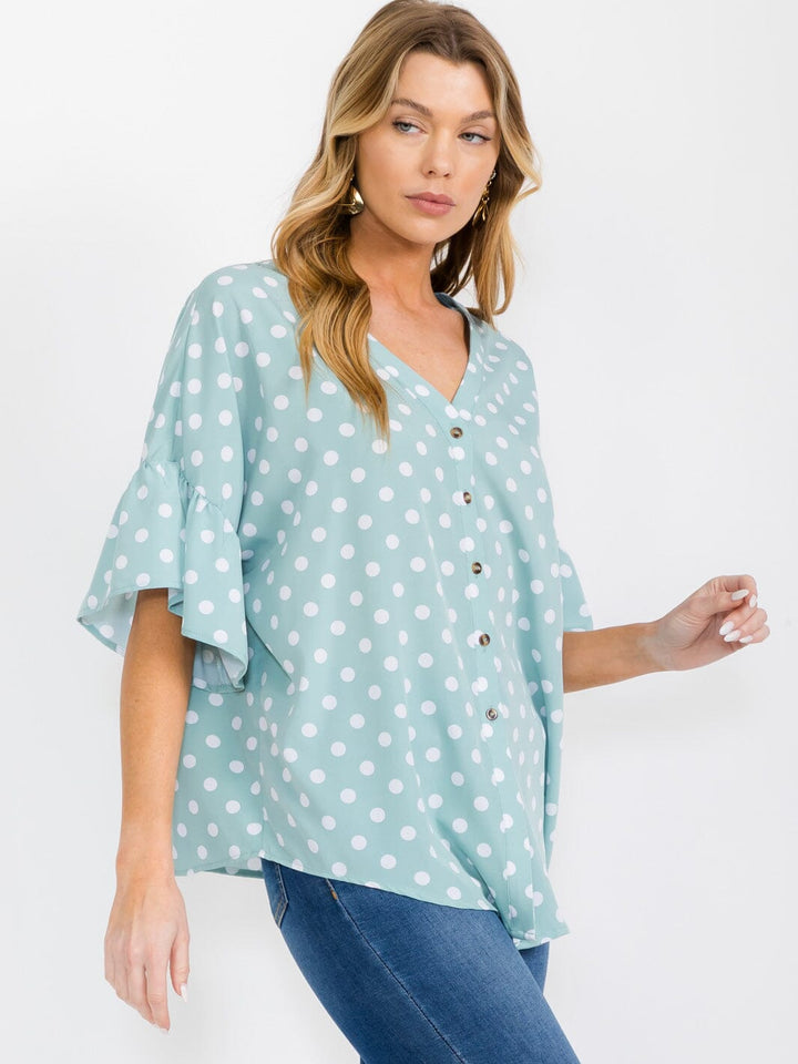 WOMEN'S SHORT RUFFLE SLEEVES BUTTON CLOSURE POLKA DOTS BLOUSE