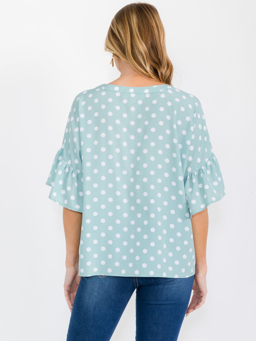 WOMEN'S SHORT RUFFLE SLEEVES BUTTON CLOSURE POLKA DOTS BLOUSE