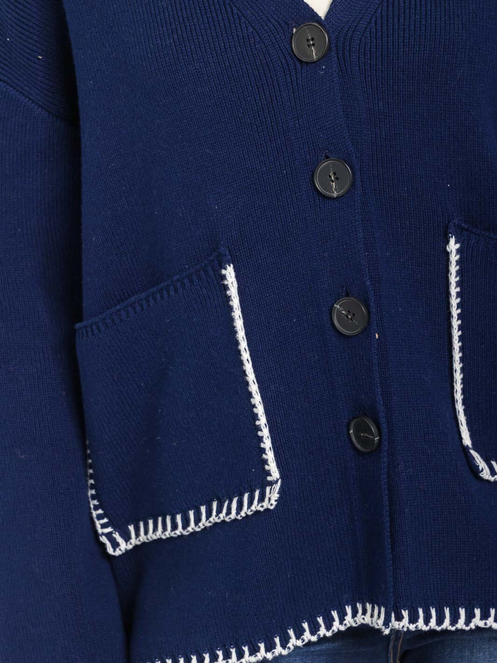 WOMEN'S LONG SLEEVE FRONT POCKETS BUTTON CLOSURE TRIM DETAILED CARDIGAN