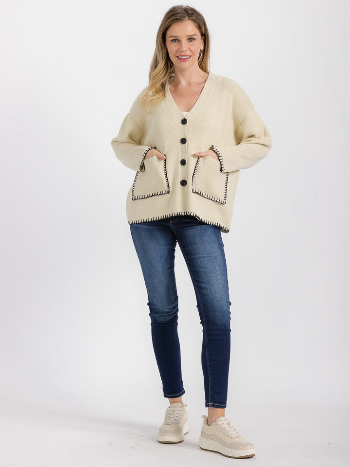 WOMEN'S LONG SLEEVE FRONT POCKETS BUTTON CLOSURE TRIM DETAILED CARDIGAN