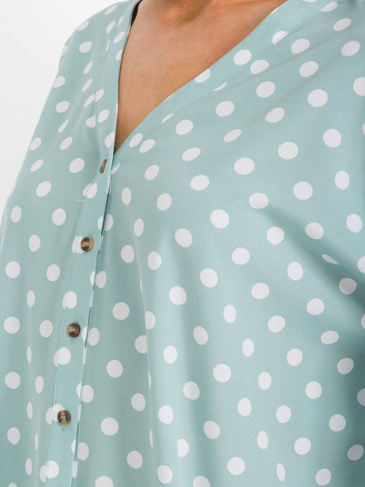 WOMEN'S SHORT RUFFLE SLEEVES BUTTON CLOSURE POLKA DOTS BLOUSE