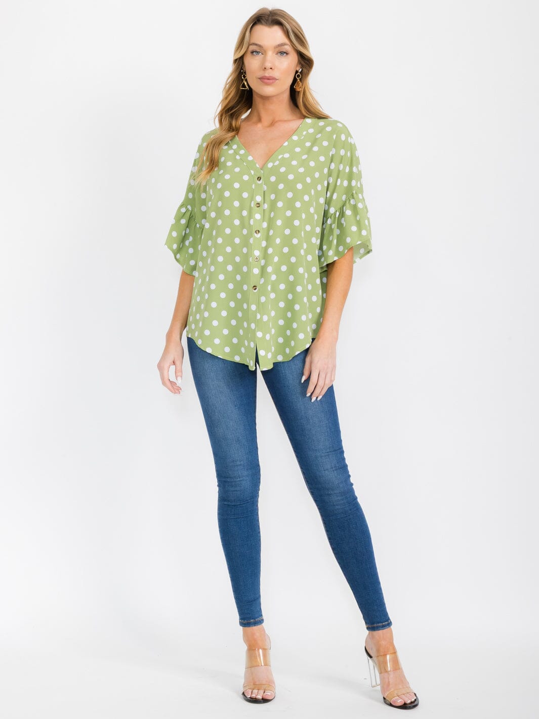 WOMEN'S SHORT RUFFLE SLEEVES BUTTON CLOSURE POLKA DOTS BLOUSE