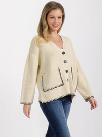 WOMEN'S LONG SLEEVE FRONT POCKETS BUTTON CLOSURE TRIM DETAILED CARDIGAN